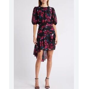 Chelsea28 Metallic Clip Dot Asymmetric Dress Black Tia Floral Modern Chic Sz XL